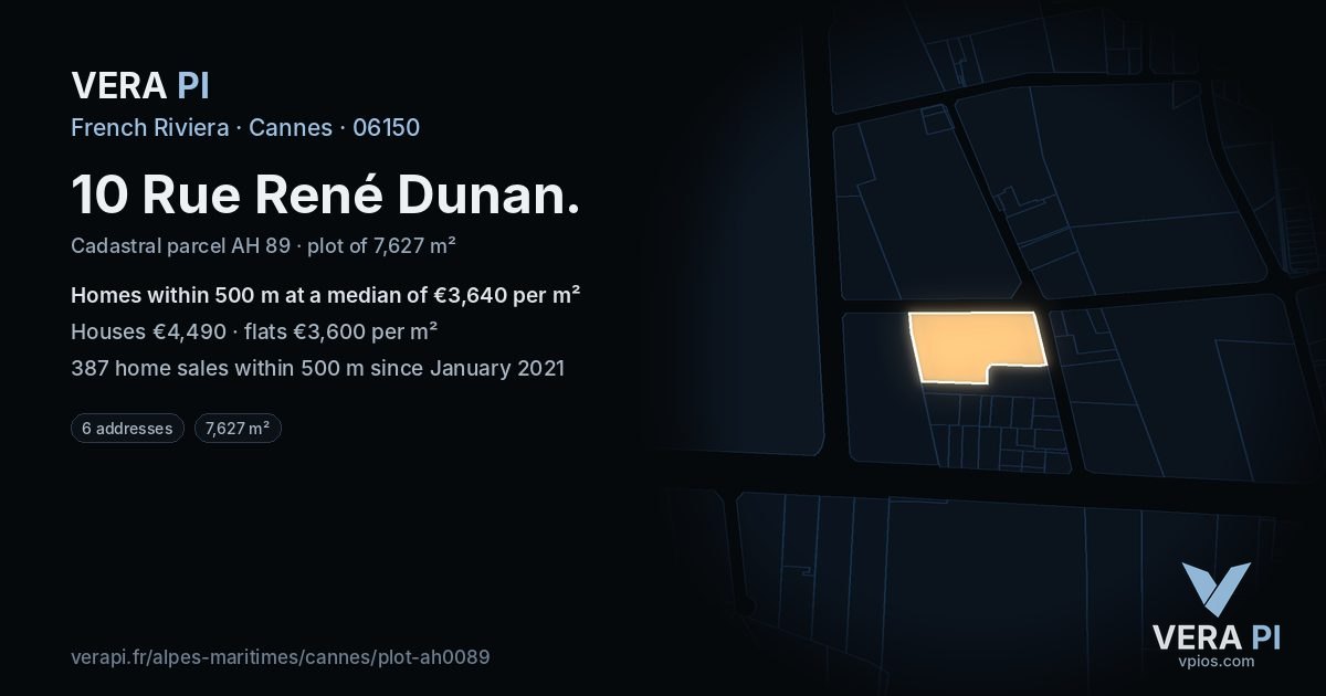 10 Rue René Dunan, Cannes at night – the plot lit, the parcels around coloured by the prices near them