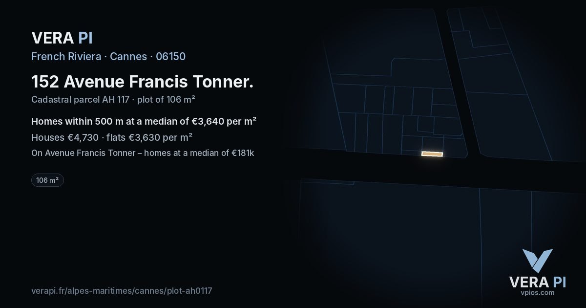 152 Avenue Francis Tonner, Cannes at night – the plot lit, the parcels around coloured by the prices near them