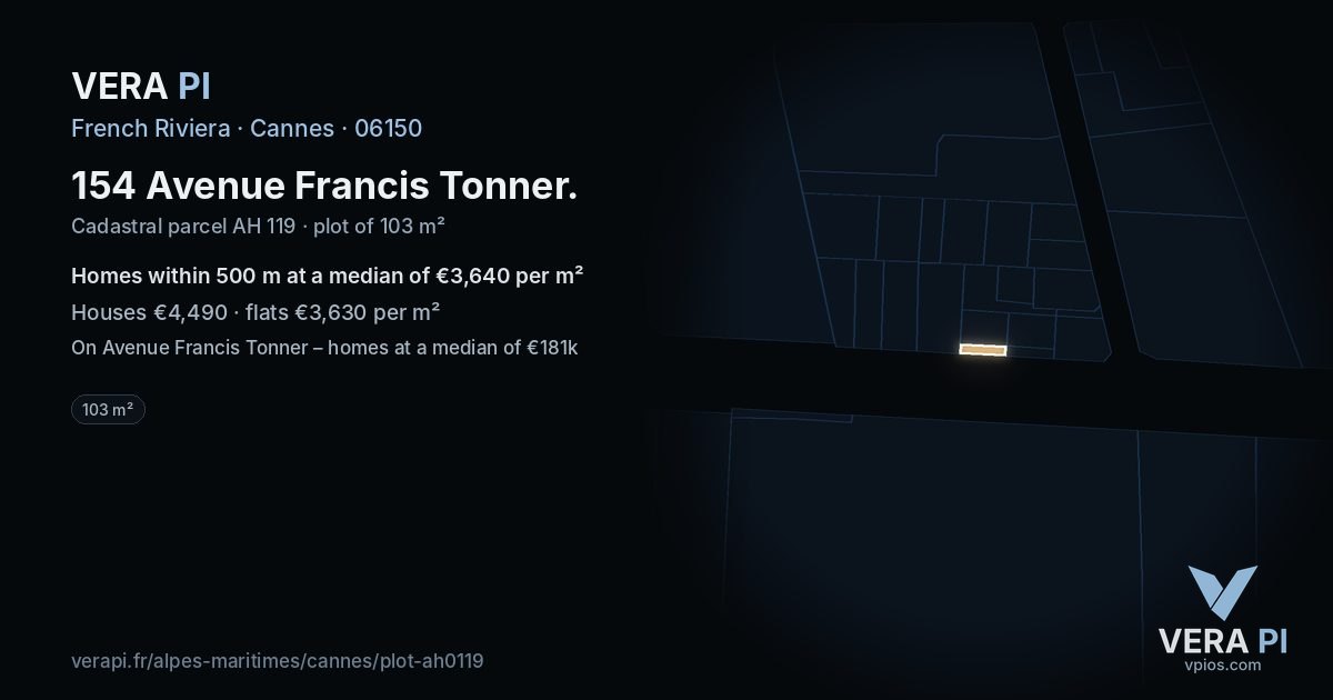 154 Avenue Francis Tonner, Cannes at night – the plot lit, the parcels around coloured by the prices near them