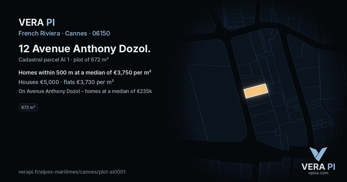 12 Avenue Anthony Dozol, Cannes at night – the plot lit, the parcels around coloured by the prices near them