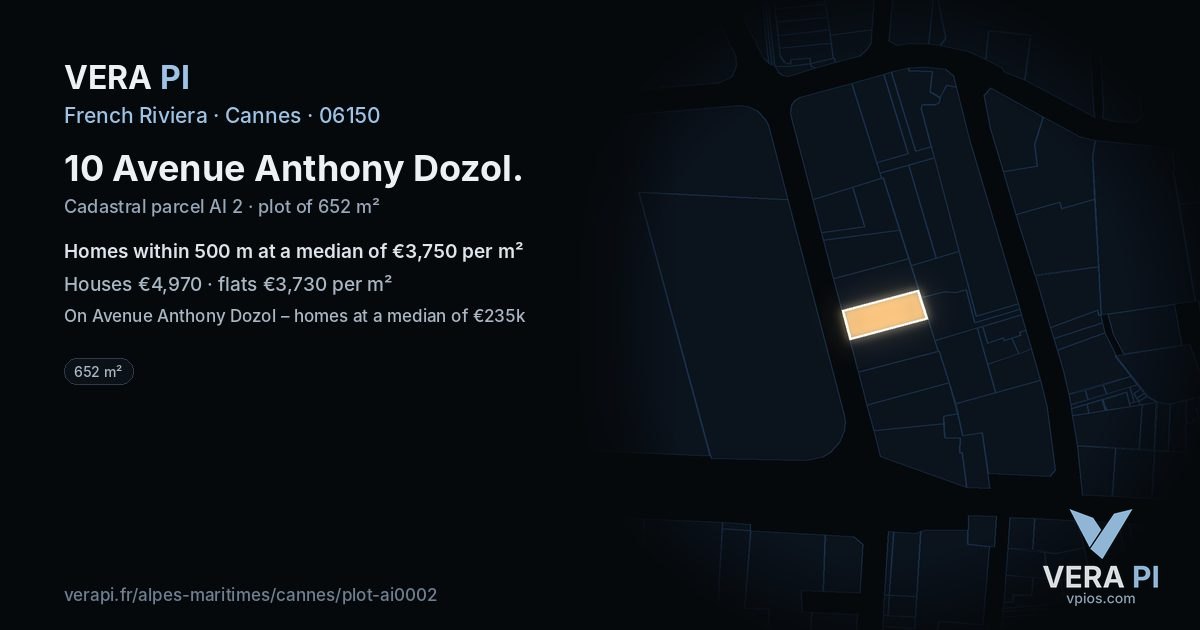 10 Avenue Anthony Dozol, Cannes at night – the plot lit, the parcels around coloured by the prices near them