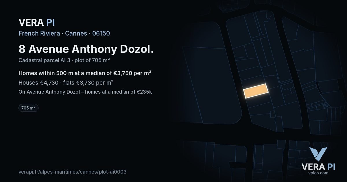 8 Avenue Anthony Dozol, Cannes at night – the plot lit, the parcels around coloured by the prices near them