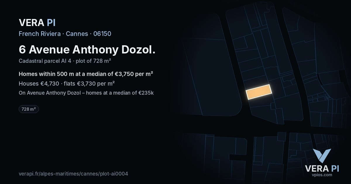 6 Avenue Anthony Dozol, Cannes at night – the plot lit, the parcels around coloured by the prices near them