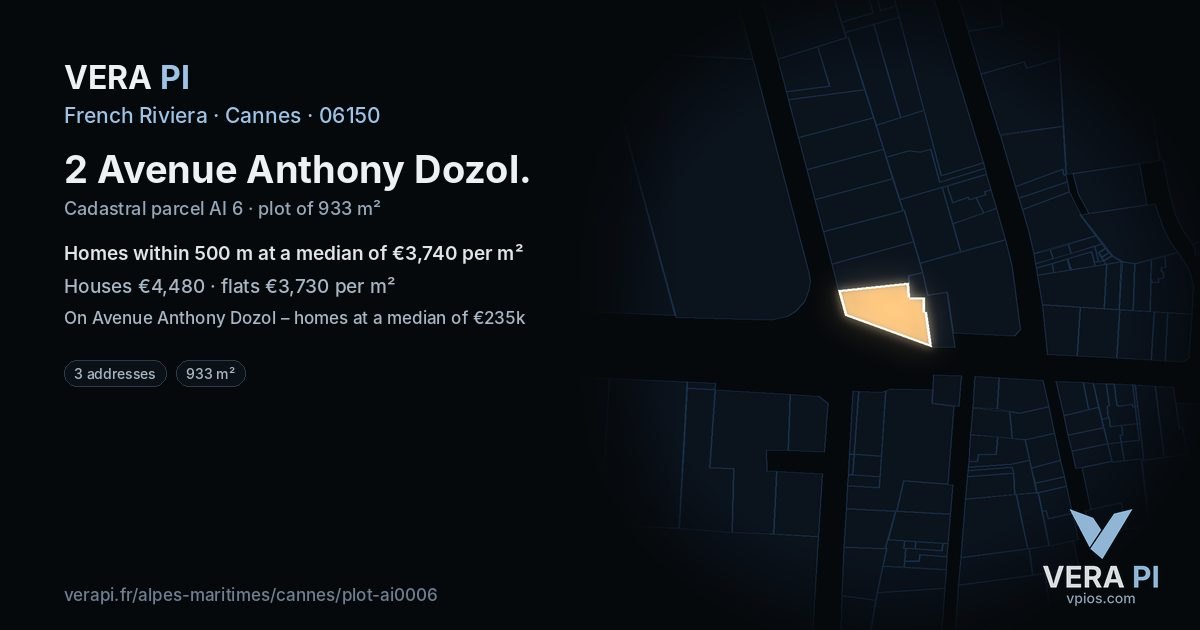 2 Avenue Anthony Dozol, Cannes at night – the plot lit, the parcels around coloured by the prices near them
