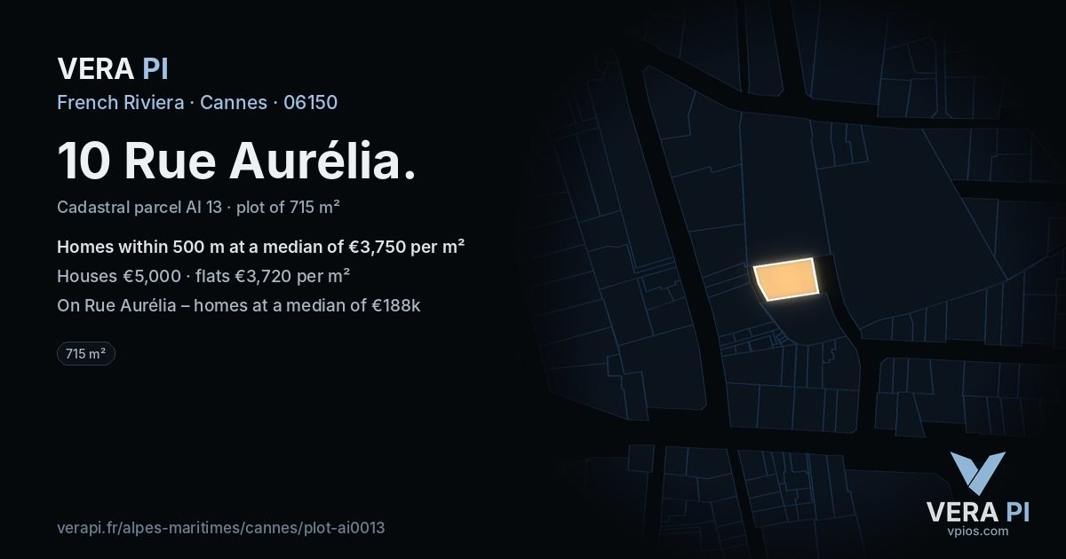 10 Rue Aurélia, Cannes at night – the plot lit, the parcels around coloured by the prices near them