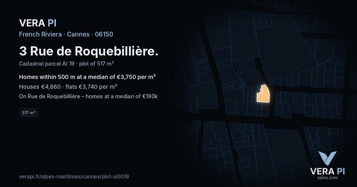 3 Rue de Roquebillière, Cannes at night – the plot lit, the parcels around coloured by the prices near them