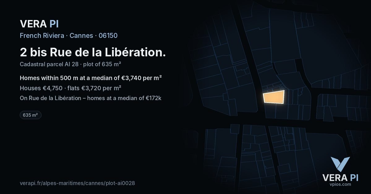 2 bis Rue de la Libération, Cannes at night – the plot lit, the parcels around coloured by the prices near them