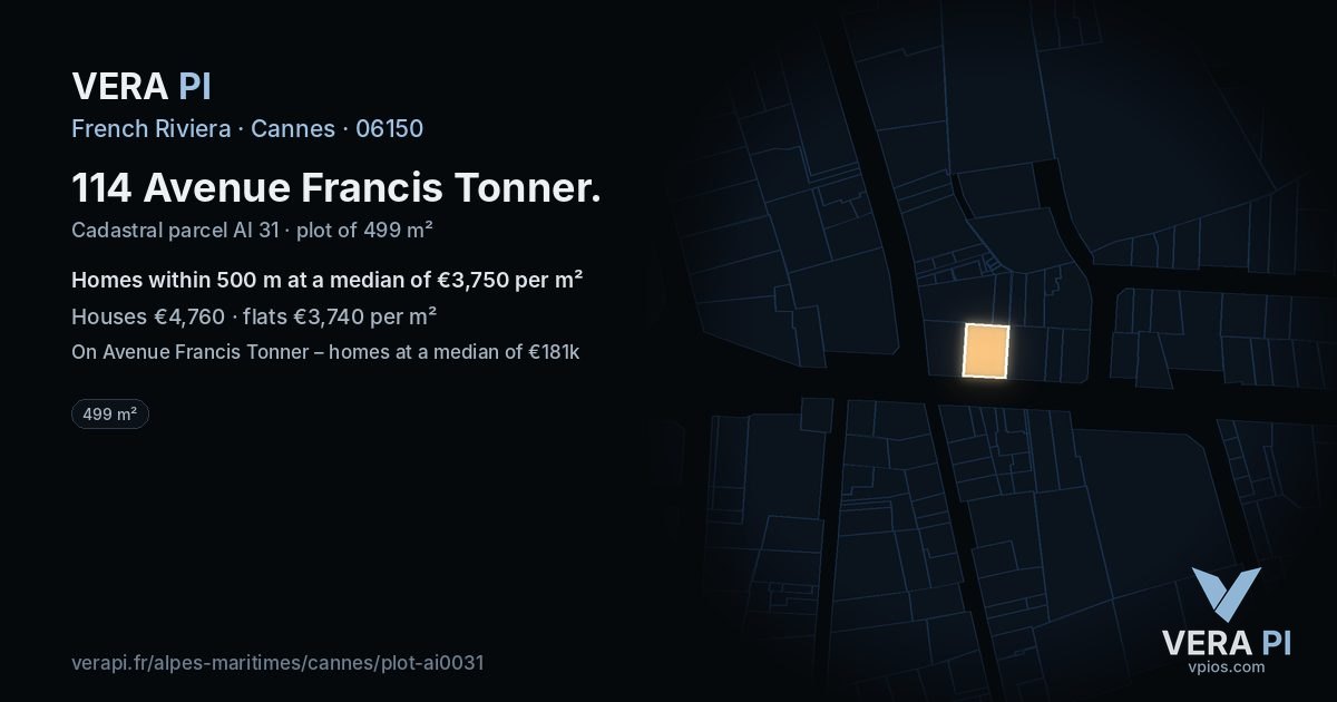114 Avenue Francis Tonner, Cannes at night – the plot lit, the parcels around coloured by the prices near them
