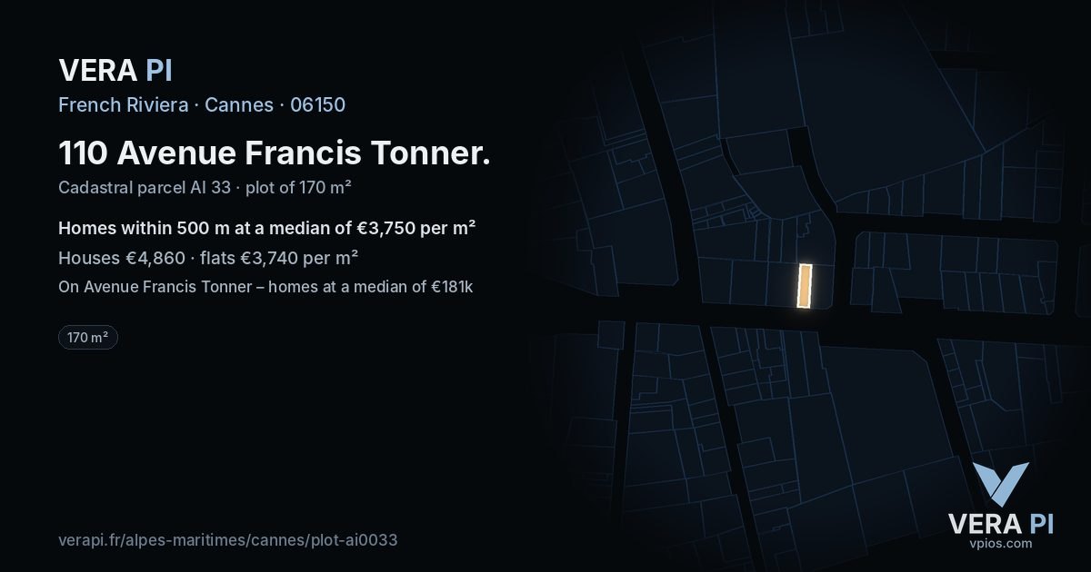 110 Avenue Francis Tonner, Cannes at night – the plot lit, the parcels around coloured by the prices near them