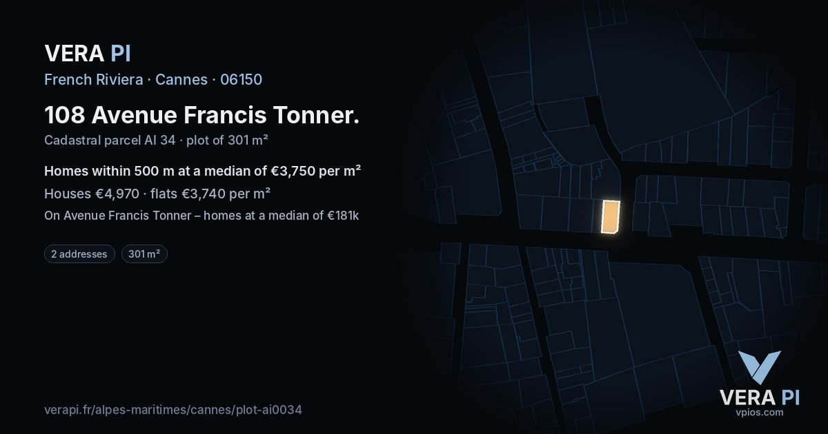 108 Avenue Francis Tonner, Cannes at night – the plot lit, the parcels around coloured by the prices near them