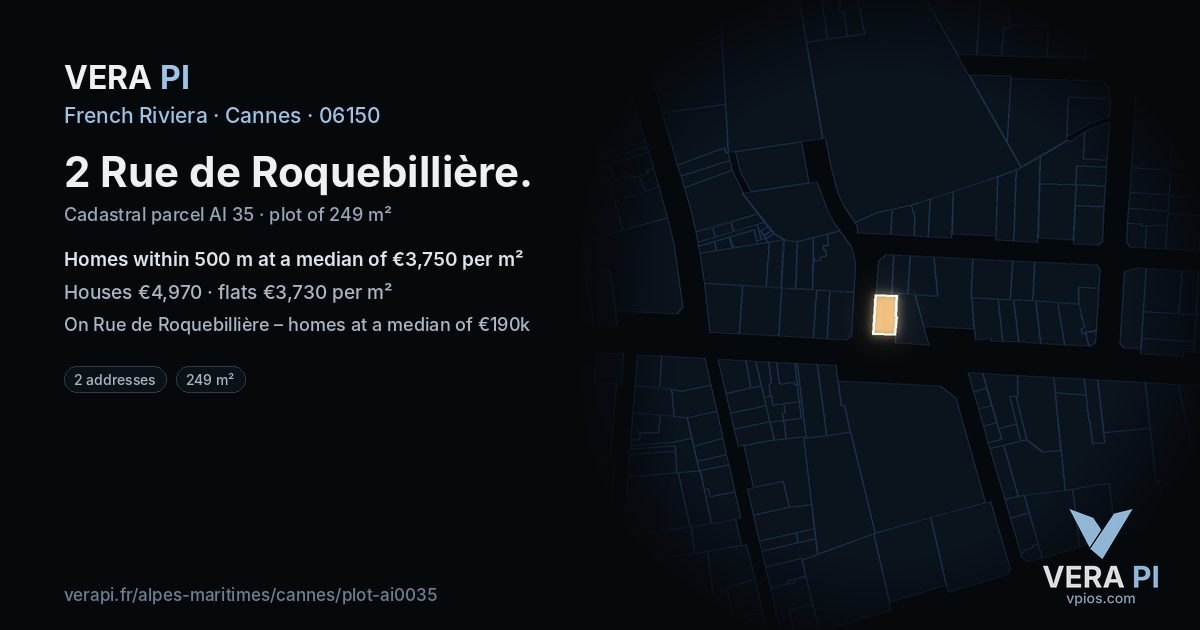 2 Rue de Roquebillière, Cannes at night – the plot lit, the parcels around coloured by the prices near them