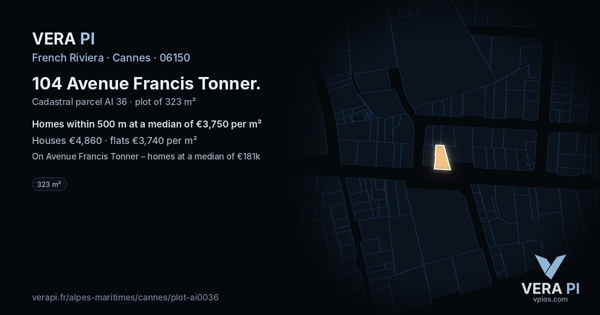 104 Avenue Francis Tonner, Cannes at night – the plot lit, the parcels around coloured by the prices near them