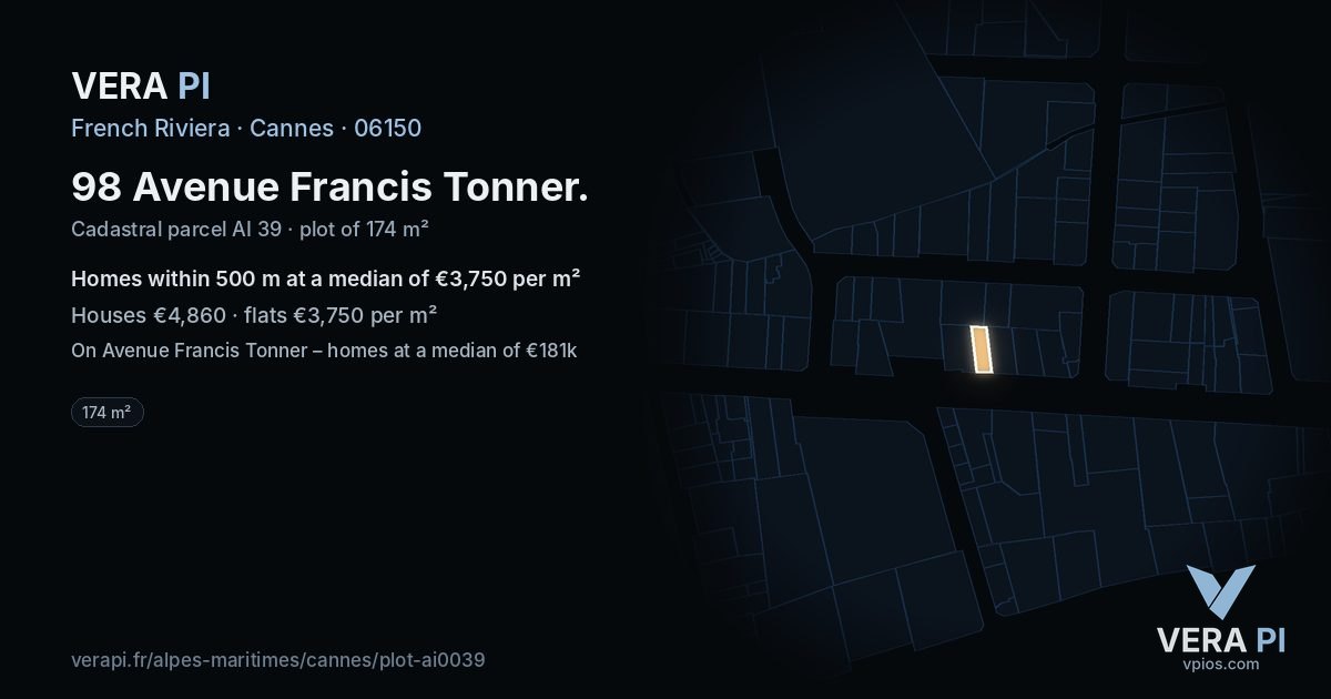 98 Avenue Francis Tonner, Cannes at night – the plot lit, the parcels around coloured by the prices near them