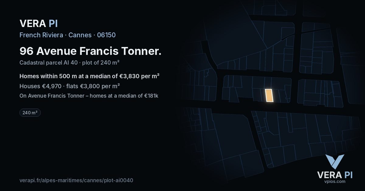 96 Avenue Francis Tonner, Cannes at night – the plot lit, the parcels around coloured by the prices near them