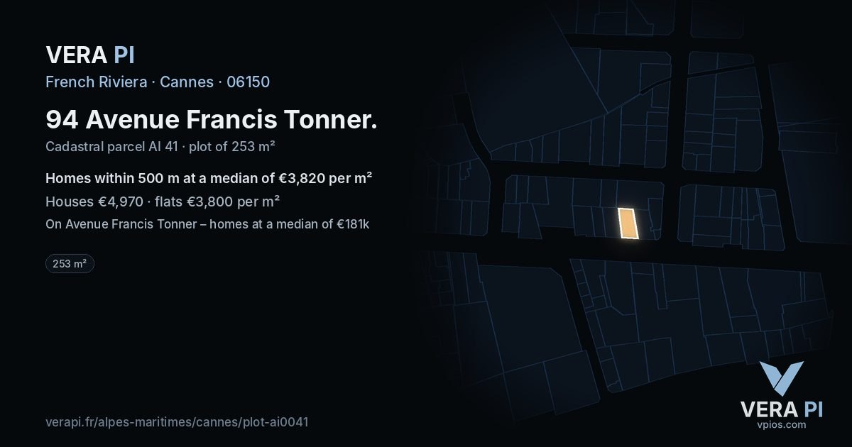 94 Avenue Francis Tonner, Cannes at night – the plot lit, the parcels around coloured by the prices near them