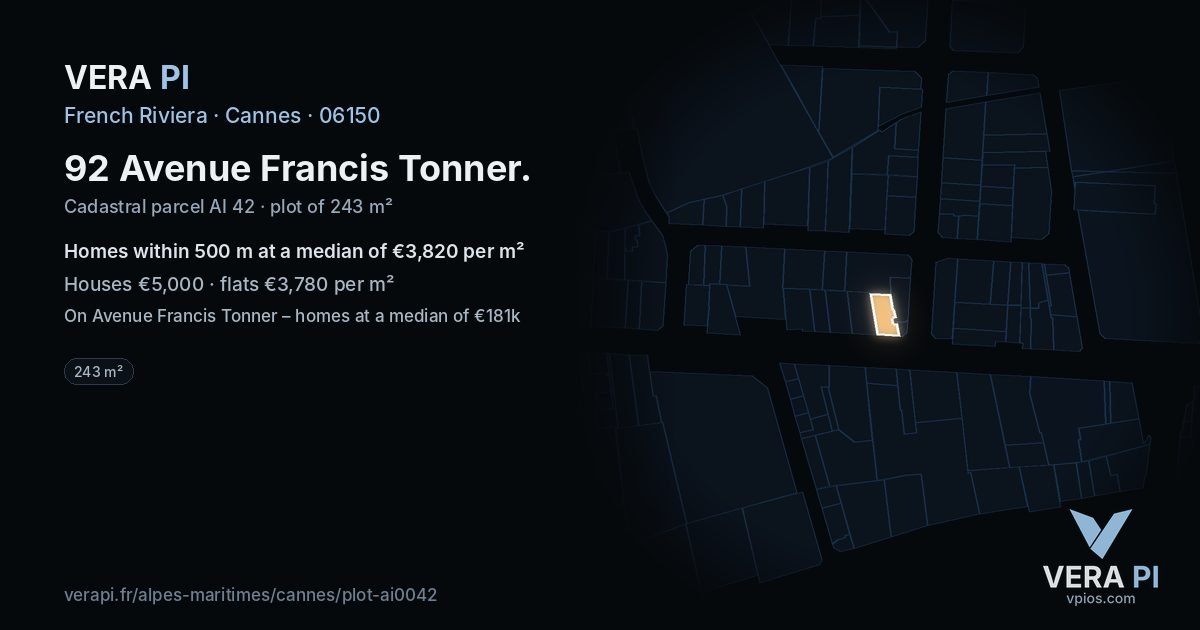 92 Avenue Francis Tonner, Cannes at night – the plot lit, the parcels around coloured by the prices near them
