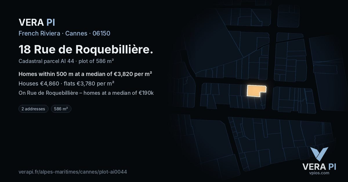 18 Rue de Roquebillière, Cannes at night – the plot lit, the parcels around coloured by the prices near them