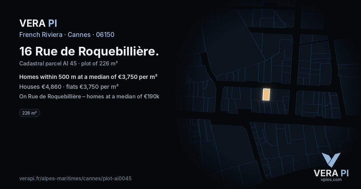 16 Rue de Roquebillière, Cannes at night – the plot lit, the parcels around coloured by the prices near them