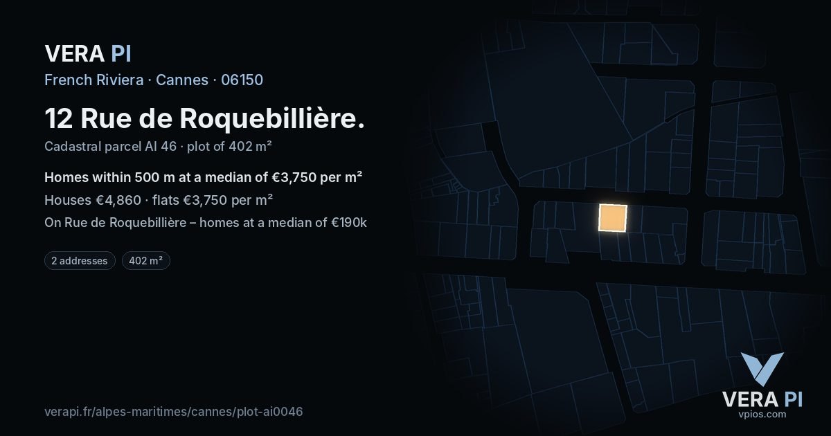 12 Rue de Roquebillière, Cannes at night – the plot lit, the parcels around coloured by the prices near them