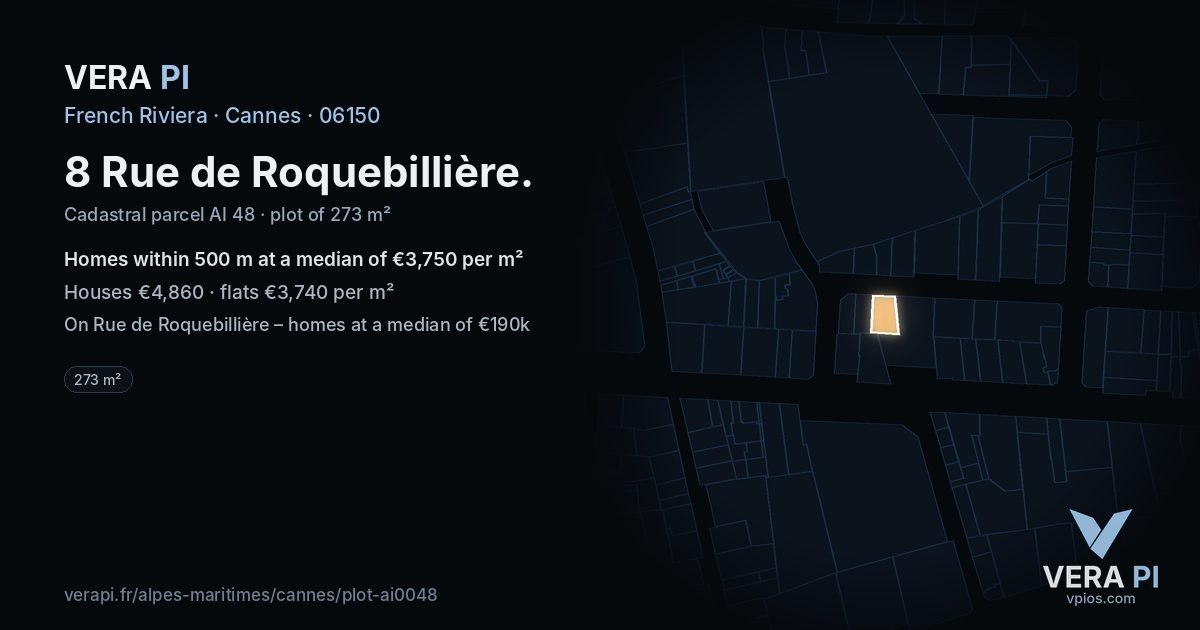 8 Rue de Roquebillière, Cannes at night – the plot lit, the parcels around coloured by the prices near them