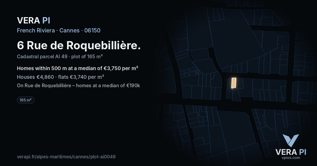 6 Rue de Roquebillière, Cannes at night – the plot lit, the parcels around coloured by the prices near them