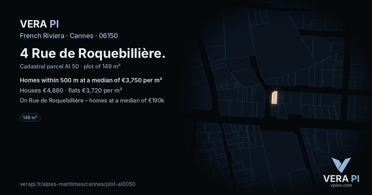 4 Rue de Roquebillière, Cannes at night – the plot lit, the parcels around coloured by the prices near them