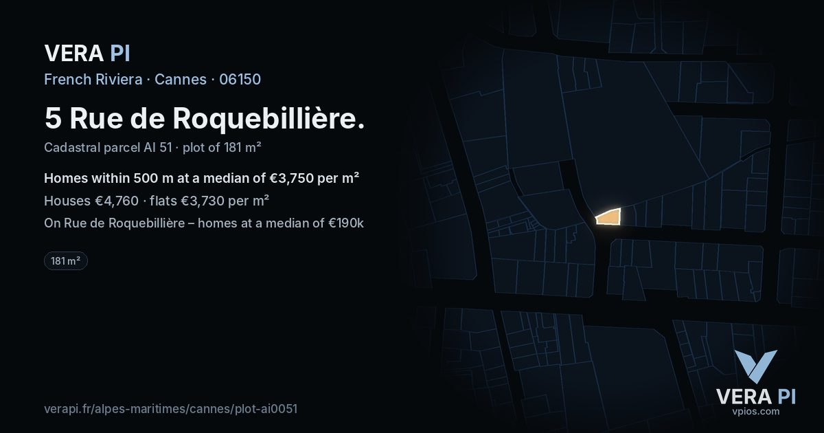 5 Rue de Roquebillière, Cannes at night – the plot lit, the parcels around coloured by the prices near them