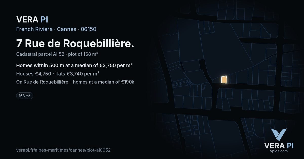 7 Rue de Roquebillière, Cannes at night – the plot lit, the parcels around coloured by the prices near them