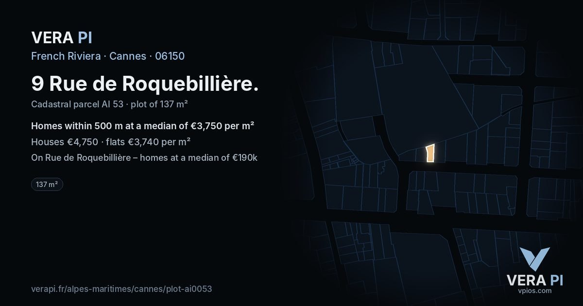 9 Rue de Roquebillière, Cannes at night – the plot lit, the parcels around coloured by the prices near them