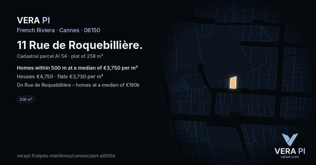 11 Rue de Roquebillière, Cannes at night – the plot lit, the parcels around coloured by the prices near them