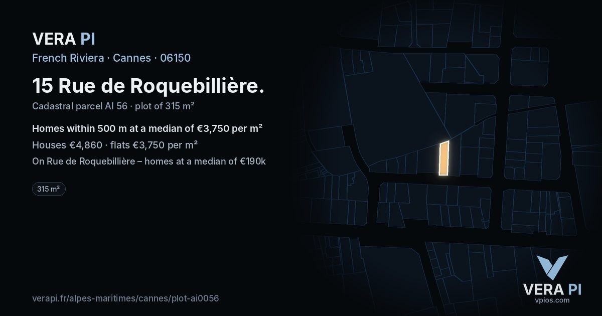 15 Rue de Roquebillière, Cannes at night – the plot lit, the parcels around coloured by the prices near them