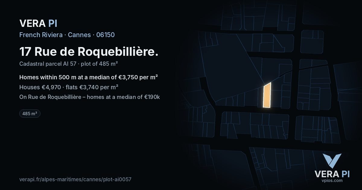 17 Rue de Roquebillière, Cannes at night – the plot lit, the parcels around coloured by the prices near them