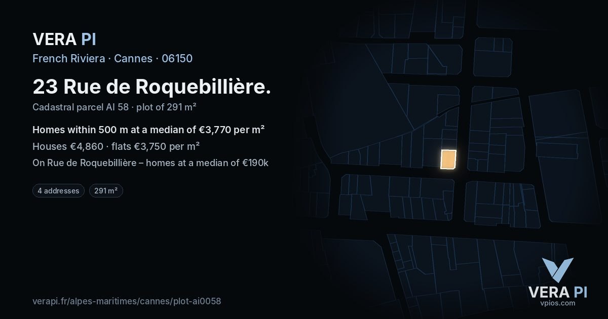 23 Rue de Roquebillière, Cannes at night – the plot lit, the parcels around coloured by the prices near them