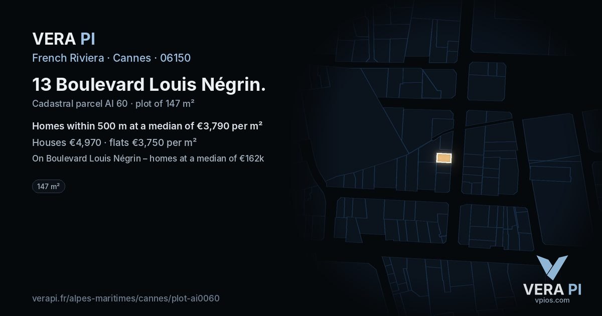 13 Boulevard Louis Négrin, Cannes at night – the plot lit, the parcels around coloured by the prices near them