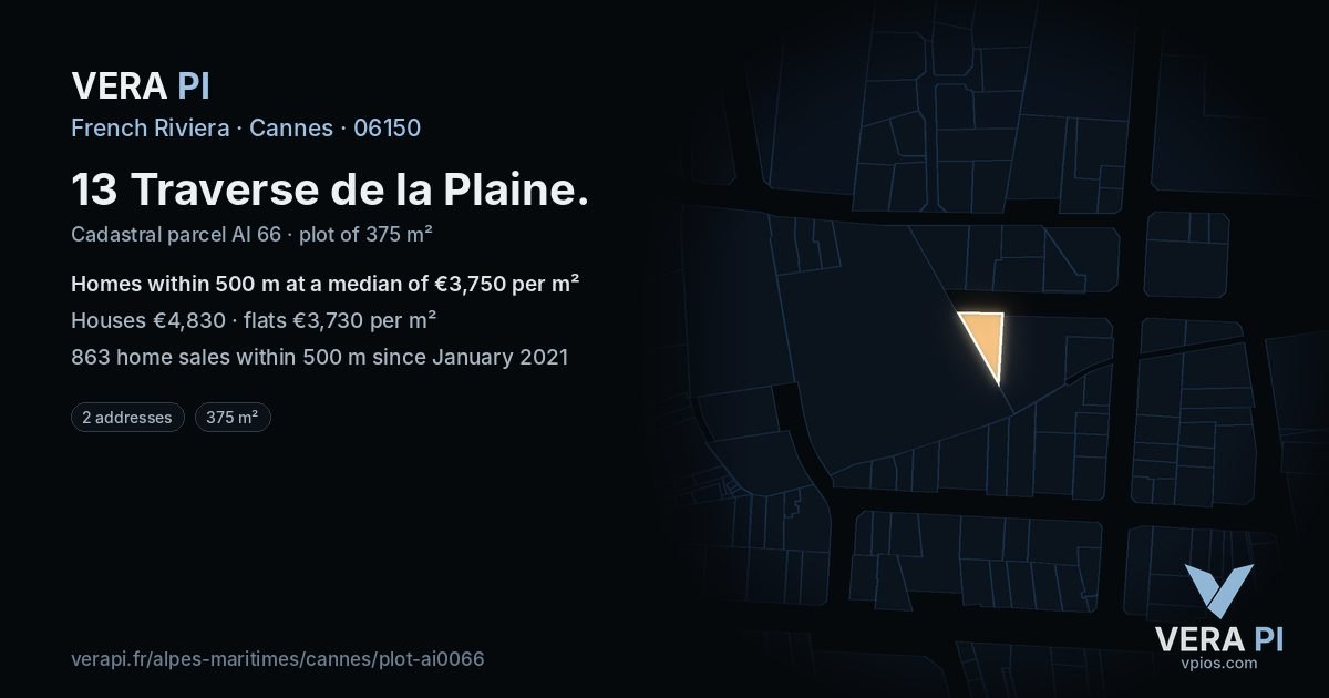 13 Traverse de la Plaine, Cannes at night – the plot lit, the parcels around coloured by the prices near them