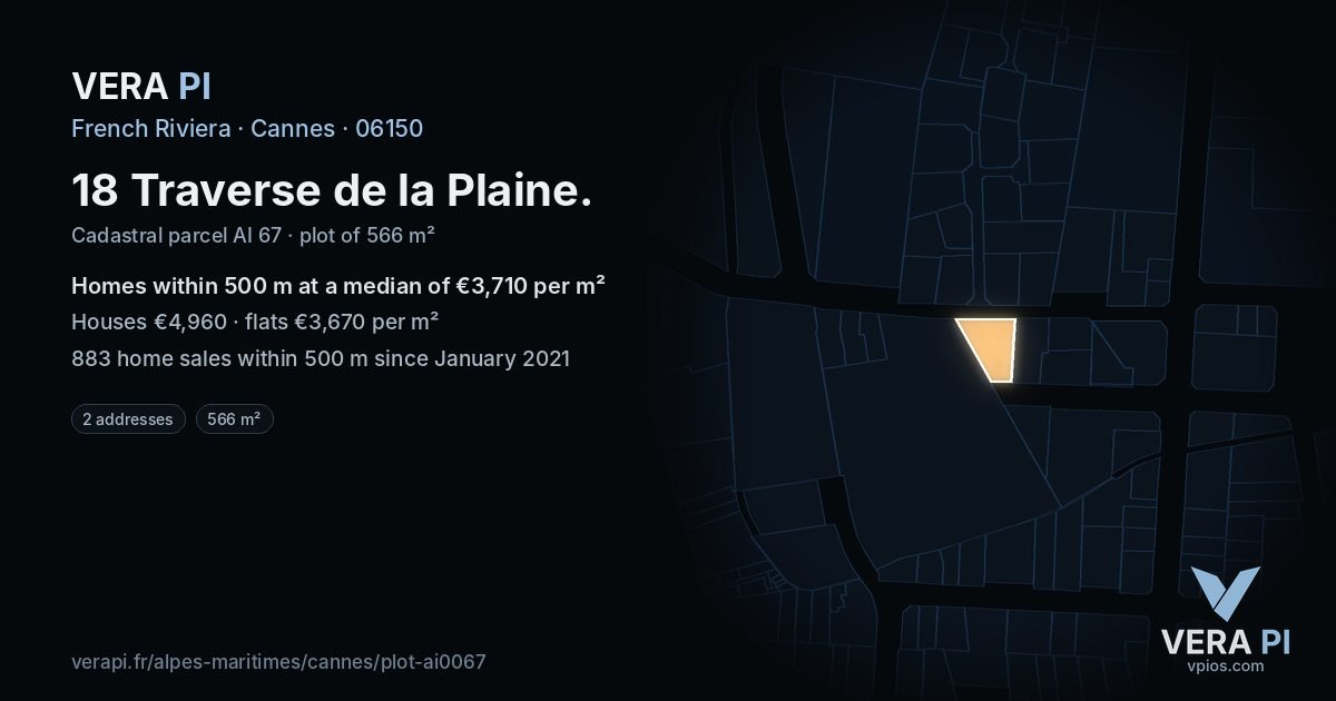 18 Traverse de la Plaine, Cannes at night – the plot lit, the parcels around coloured by the prices near them