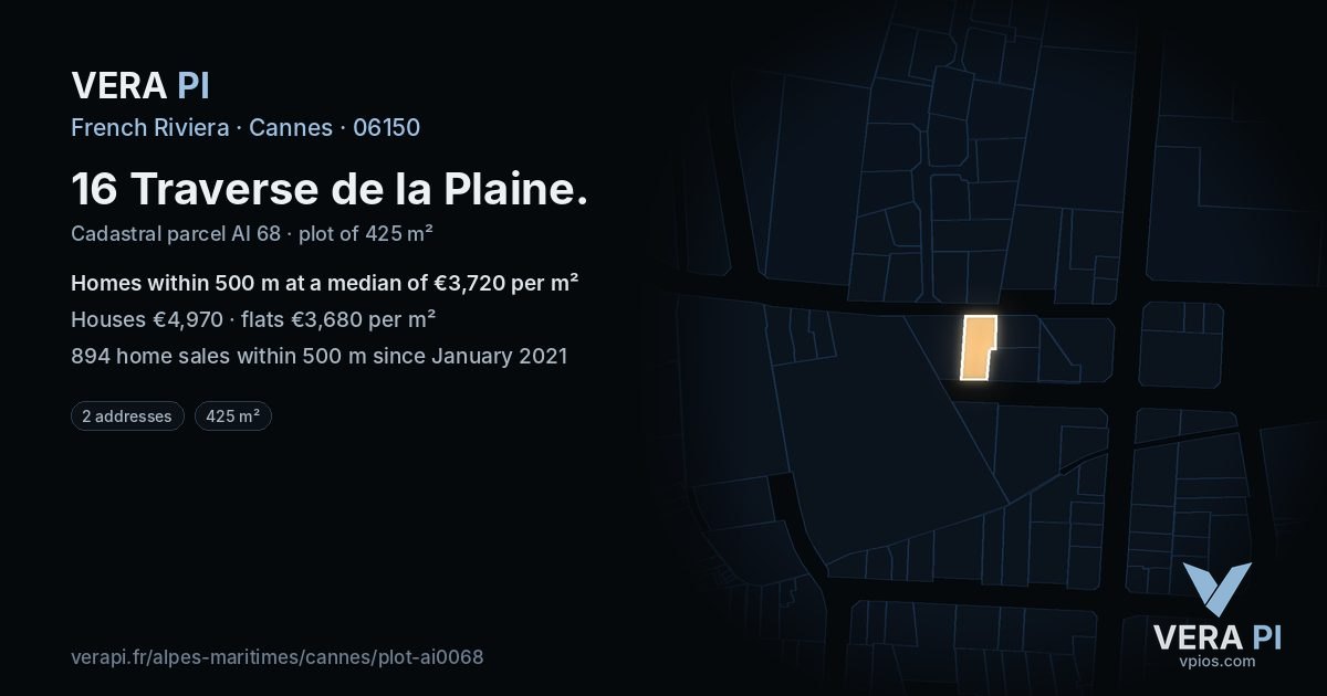 16 Traverse de la Plaine, Cannes at night – the plot lit, the parcels around coloured by the prices near them