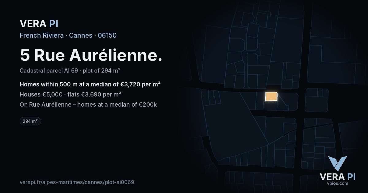 5 Rue Aurélienne, Cannes at night – the plot lit, the parcels around coloured by the prices near them