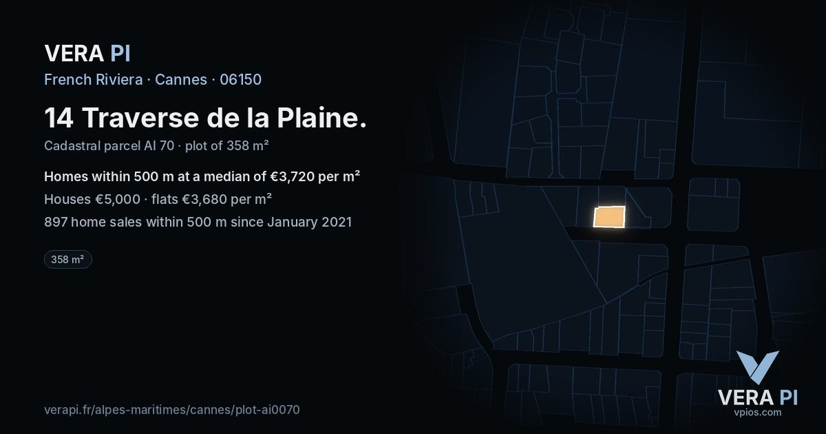 14 Traverse de la Plaine, Cannes at night – the plot lit, the parcels around coloured by the prices near them