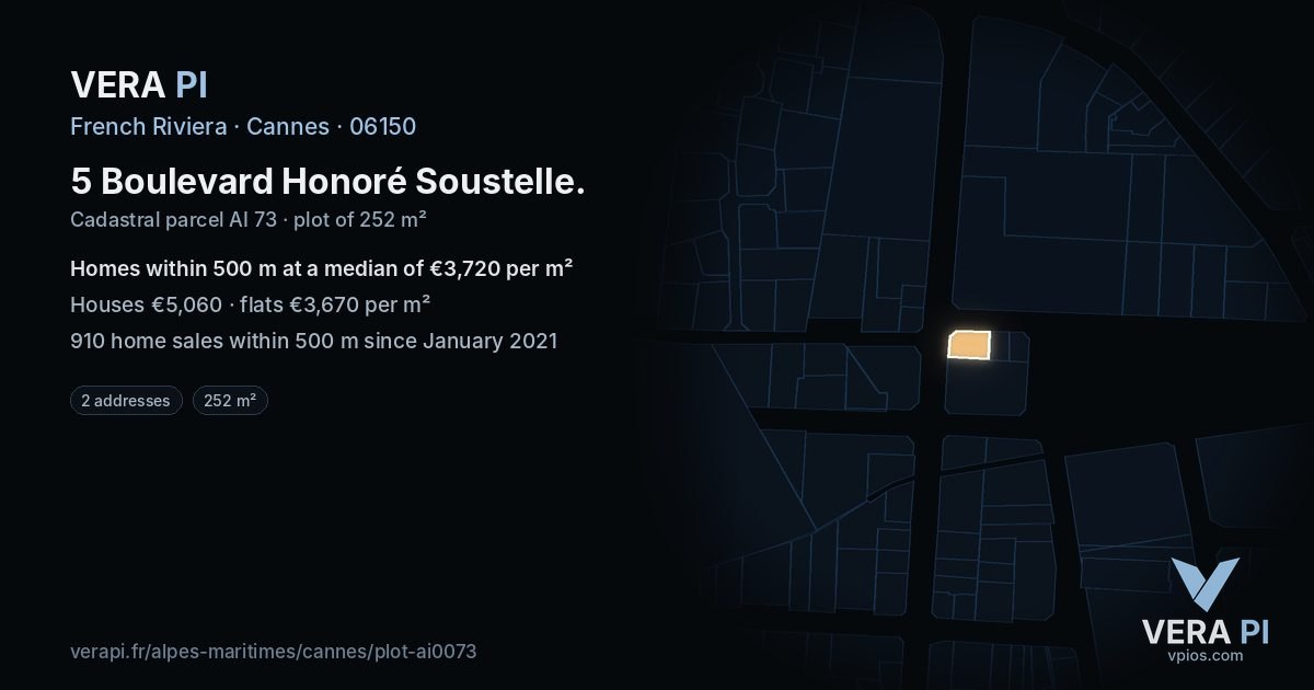 5 Boulevard Honoré Soustelle, Cannes at night – the plot lit, the parcels around coloured by the prices near them
