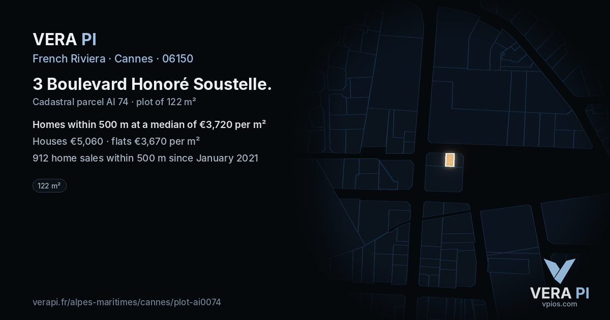 3 Boulevard Honoré Soustelle, Cannes at night – the plot lit, the parcels around coloured by the prices near them