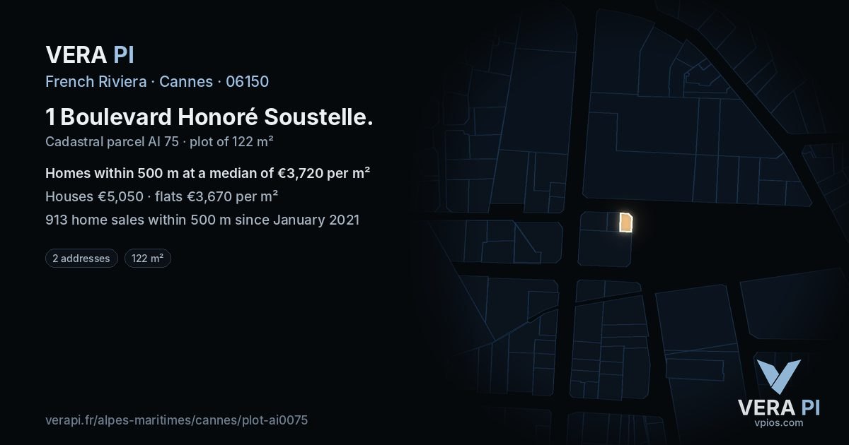 1 Boulevard Honoré Soustelle, Cannes at night – the plot lit, the parcels around coloured by the prices near them