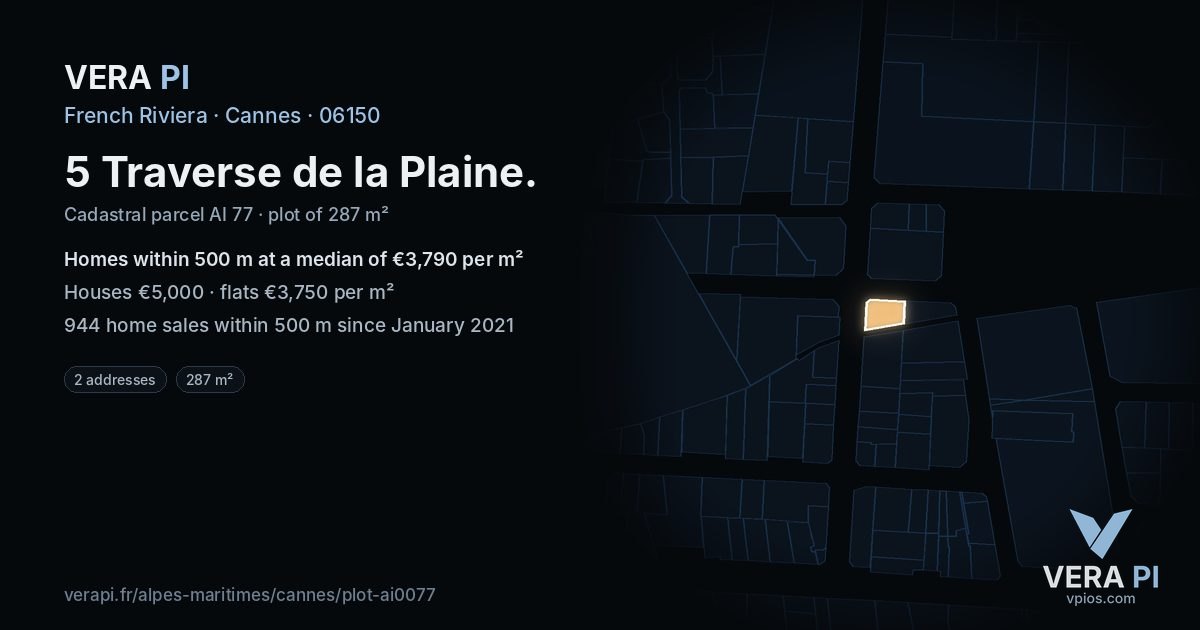 5 Traverse de la Plaine, Cannes at night – the plot lit, the parcels around coloured by the prices near them