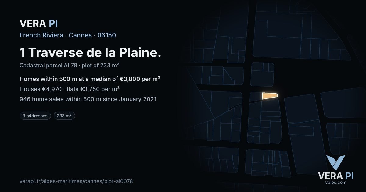 1 Traverse de la Plaine, Cannes at night – the plot lit, the parcels around coloured by the prices near them