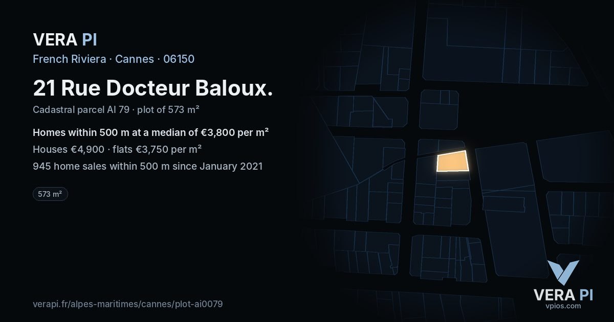 21 Rue Docteur Baloux, Cannes at night – the plot lit, the parcels around coloured by the prices near them