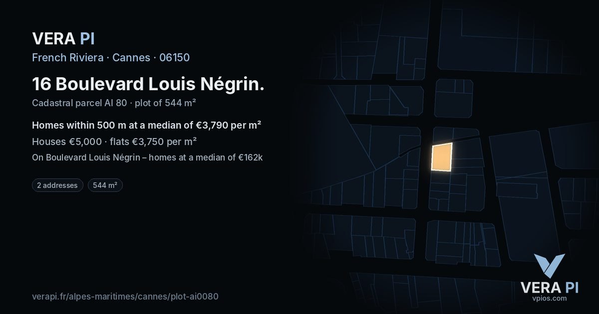 16 Boulevard Louis Négrin, Cannes at night – the plot lit, the parcels around coloured by the prices near them