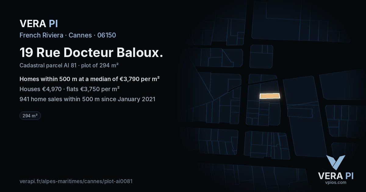 19 Rue Docteur Baloux, Cannes at night – the plot lit, the parcels around coloured by the prices near them