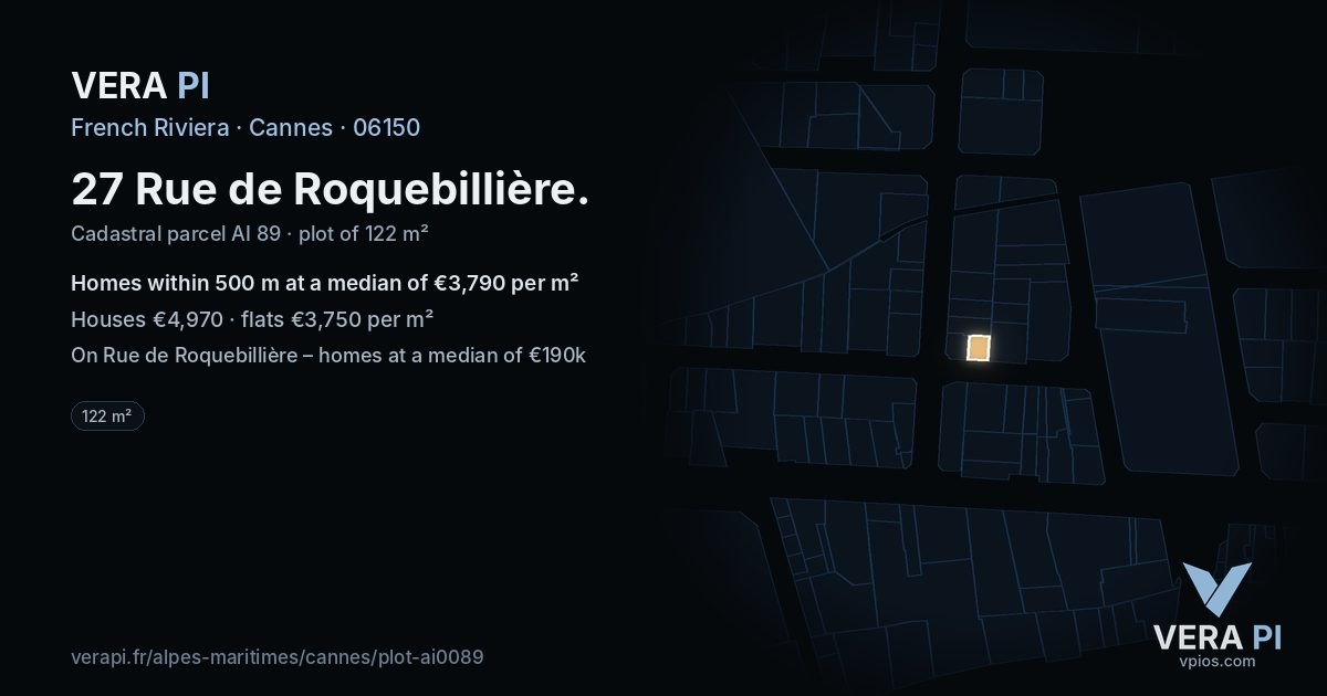 27 Rue de Roquebillière, Cannes at night – the plot lit, the parcels around coloured by the prices near them