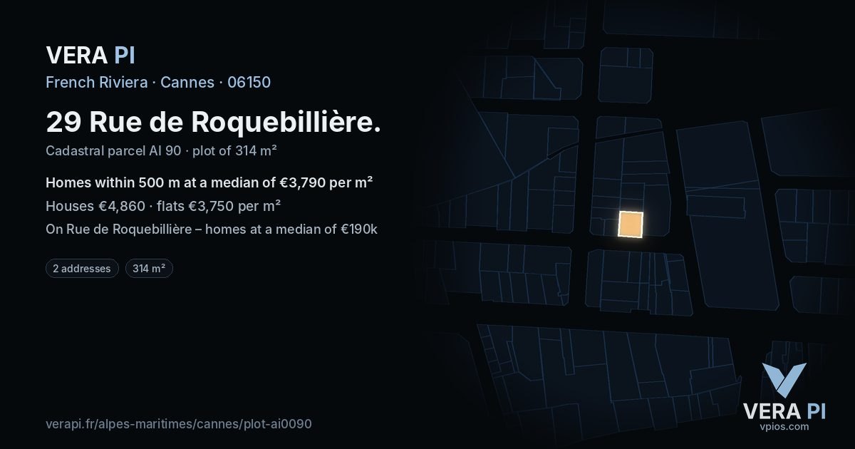 29 Rue de Roquebillière, Cannes at night – the plot lit, the parcels around coloured by the prices near them