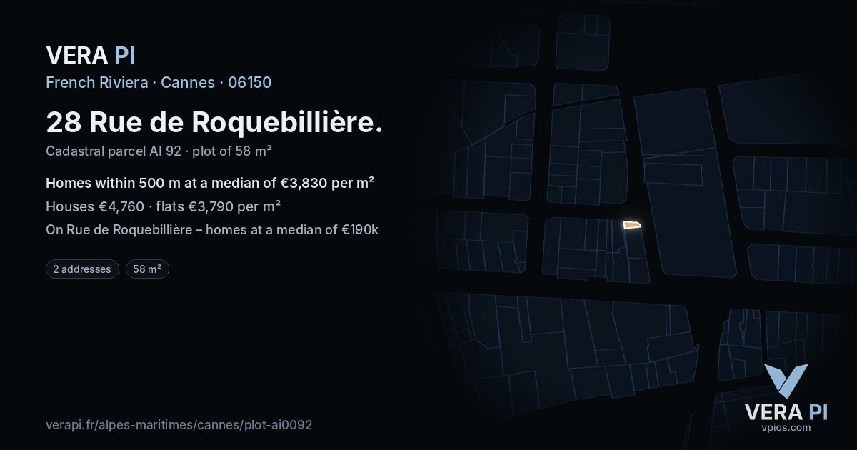 28 Rue de Roquebillière, Cannes at night – the plot lit, the parcels around coloured by the prices near them